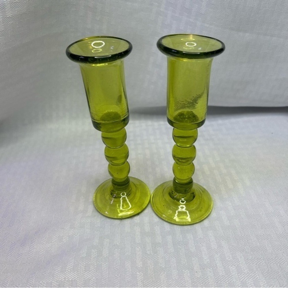 Vintage Pair Jamestown Glasshouse Hand Blown Green Glass Candle Holders